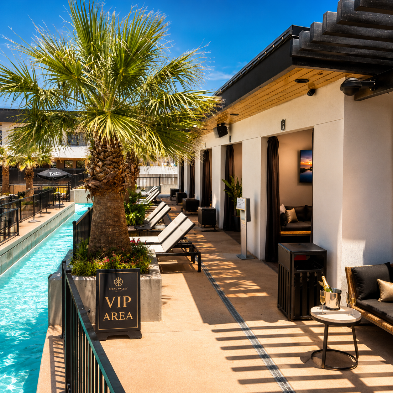 VIP cabanas alongside the pool at Pecan Valley Resort
