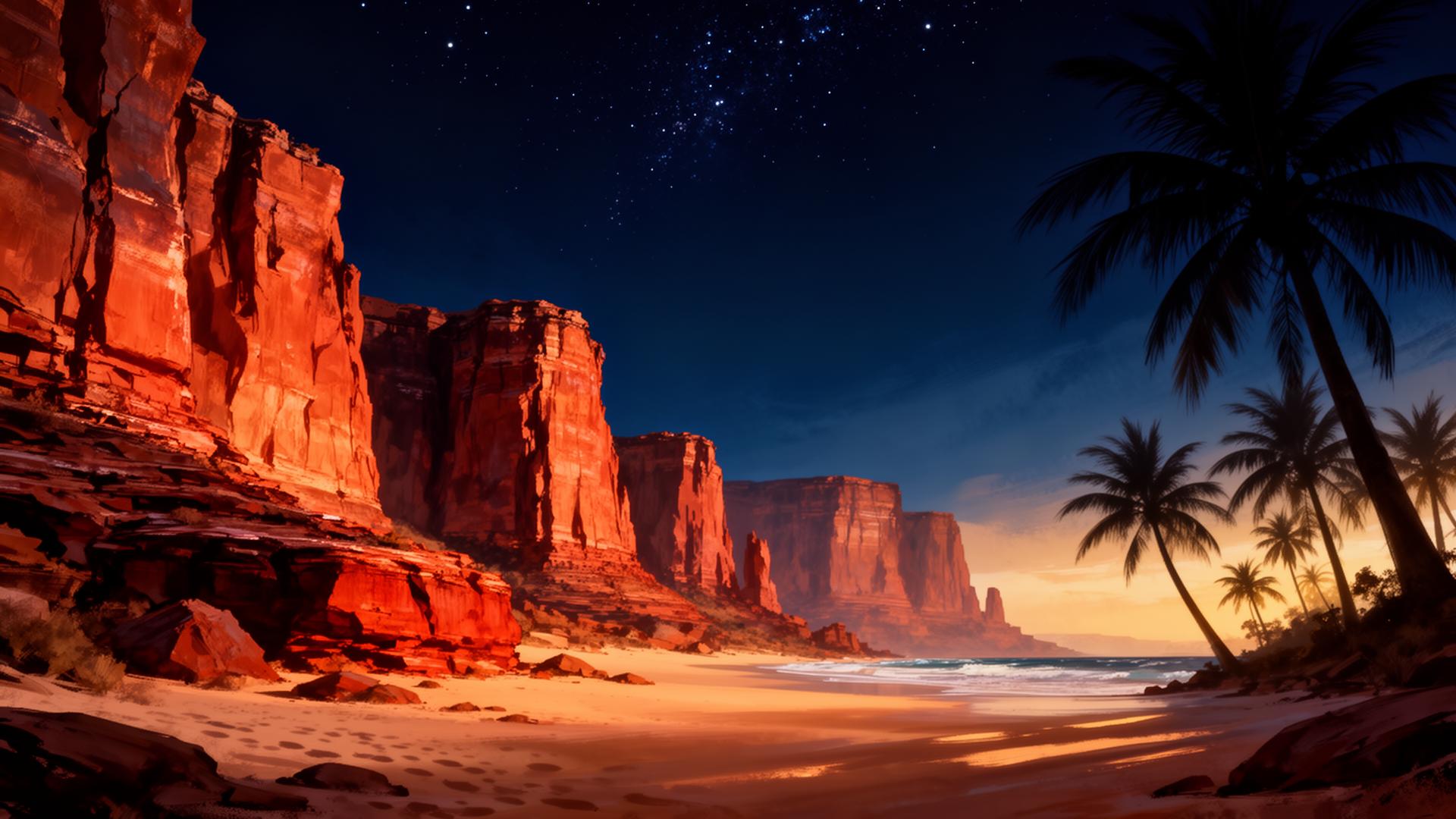Red rock cliffs meeting tropical island shore under a starry night sky